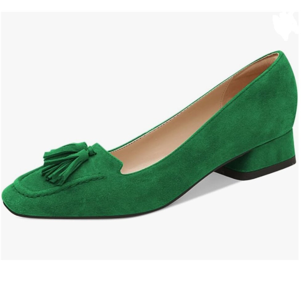 YDN Green Block Low Heel Loafers Square Toe Tassel Fringed Pumps Slip On Shoe